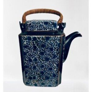 VTG Takahashi Square Tea Pot W/Handle Blue Hand Painted 7"